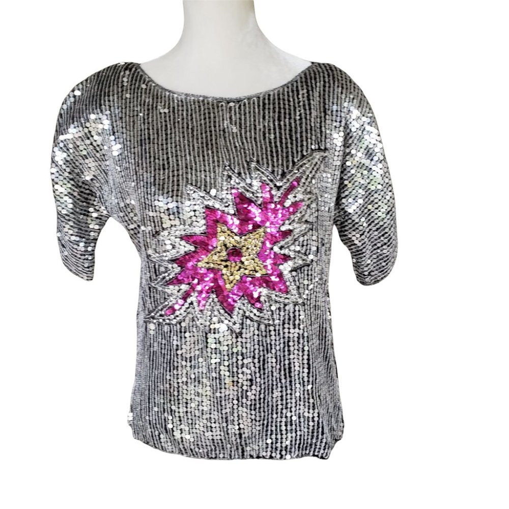 Vintage Womens Blouse 100% Silk Silver Sequin Floral Top 80's Lined Size L
